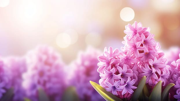 Blooming tender hyacinths in early spring in afternoon sunlight, AI generated.