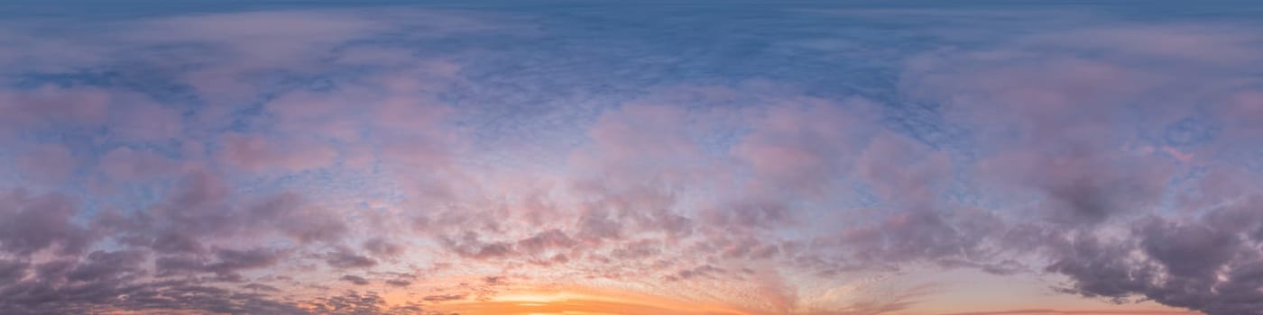 Bright sunset sky panorama with Cirrus clouds. Seamless hdr spherical equirectangular 360 panorama. Sky dome or zenith for 3D visualization, game and sky replacement for aerial drone 360 panoramas.