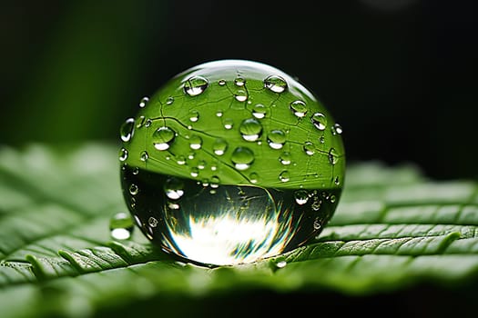 Large drop of water on a green leaf, close-up.