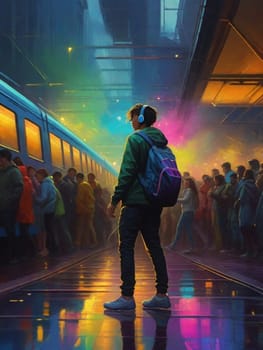teen girl cmmute in train metro station wearing casual, music listen with earphone ,in a fantasy neon glow atmosphere, art generated