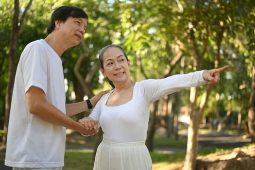 Portrait of lovely senior couple walking together in summer park together. Retirement lifestyle concept