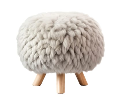 Chic and cozy beige fluffy pouf with natural wooden legs, isolated on a white background, perfect for modern and Scandinavian interior designs. Cut out furniture. Front view. Generative AI