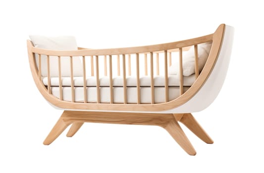 Sleek modern cradle with curved wooden frame and cushions, perfect for contemporary nursery or kids room. Baby bed isolated on white background. Cut out baby room furniture. Generative AI