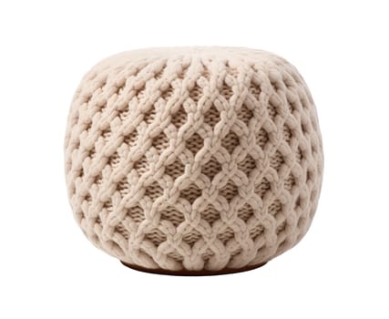 Cozy, knitted beige pouf, isolated on a white background, perfect for modern, Scandinavian or Boho style interior designs. Cut out furniture. Front view. Generative AI