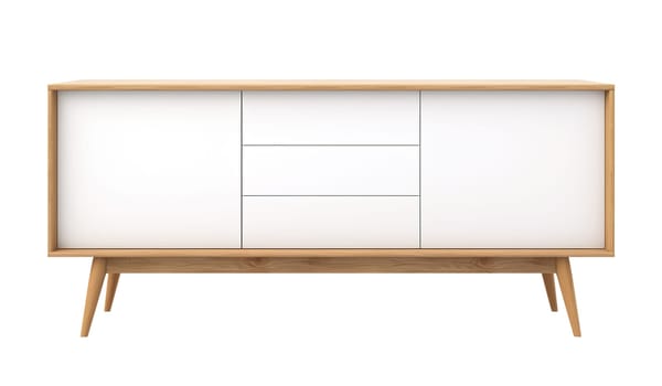 Scandinavian-inspired sideboard with white doors, wooden frame, offering sleek and minimalist look ideal for modern homes, isolated on white background. Cut out furniture. Front view. Generative AI