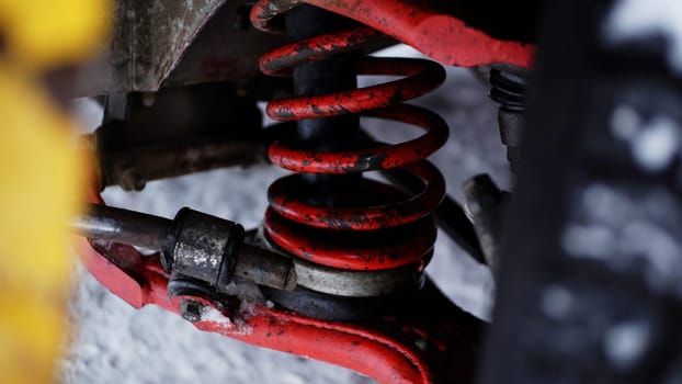 The spring is in the car. Clip. A snowy landscape with a spare part in a car that is being filmed in close-up. High quality 4k footage