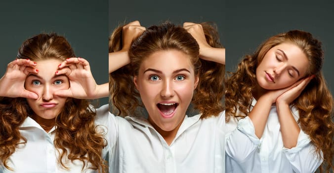 Collage of portrait playful young brunette woman with wavy hair in white clothes, looking at the camera