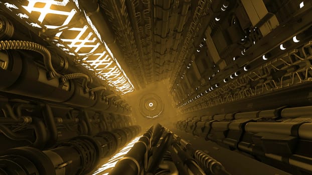 Inside futuristic canal with pipes. Motion. Technical 3d tunnel with neon lines and pipes. Pipes and wires in futuristic corridor.