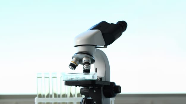 The microscope on the background laboratory is a study human biology analyzes for non-compliance with the requirements organization public health at international level