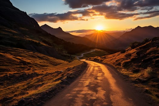 Winding country road at sunset in the highlands.
