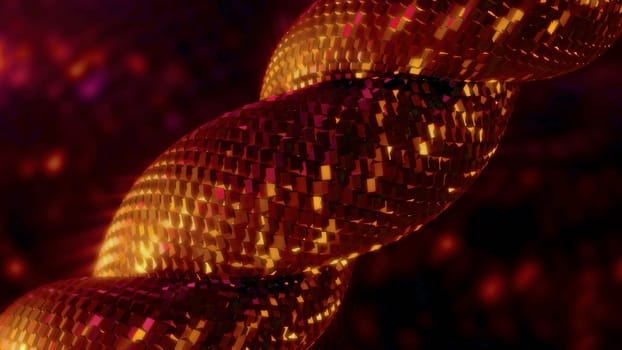 A bright braid woven in three parts in abstraction. Motion. Three shiny thick lines fastened in a coil that shimmer and burn with bright orange shades