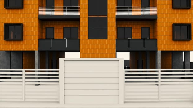 Abstract facade of the residential high-rise building isolated on white background. Animated 3D model of the multi storey building.