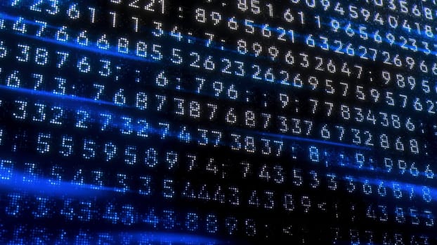 Digital background with glowing values. Motion. Encrypted digital code in stream of numbers. Computer stream of numbers with glowing values.