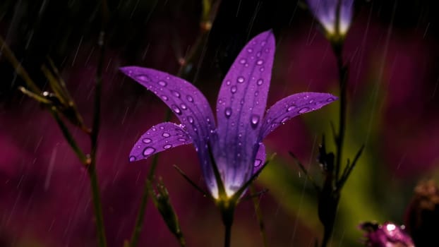 Beautiful purple flowers in macro photography. Creative. Small purple bright flowers with raindrops and bright sun on top