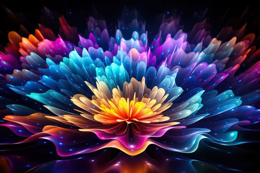 Digital neon flower, wave on a dark background. Neon abstract background.