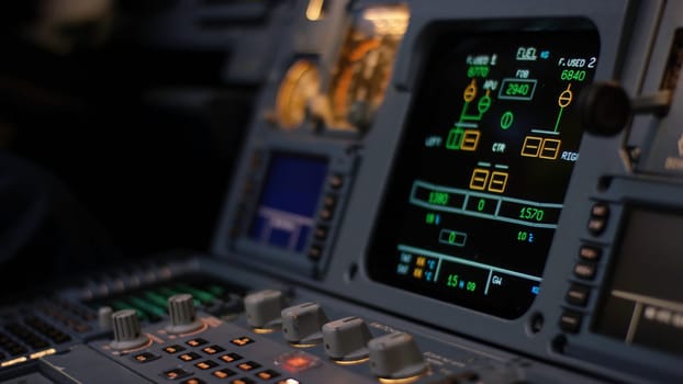 Autopilot control element of an airliner. Panel of switches on an aircraft flight deck. Thrust levers of a twin engined airliner. Pilot controls the aircraft. Onboard computer, cockpit 4K