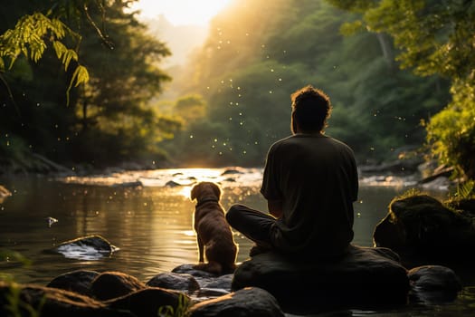 A man with a dog admires nature near a pond in the forest. A man is in harmony with nature.