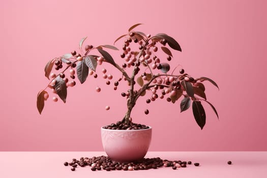 Coffee tree in a cup on a pink background.