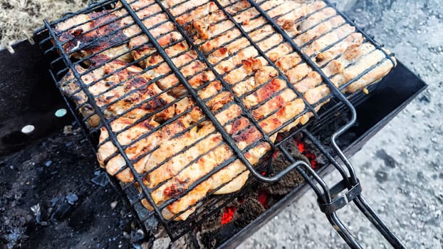 Pieces of shish kebab on iron grill over the coals over the grill. Delicious fried meat