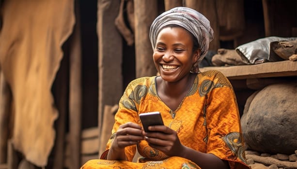 Poor African woman watching on her mobile phone in the slums. homeless lady playing around with a mobile phone,texting,social media concept. Portrait of beautiful female laughing with smartphone in slum colorful