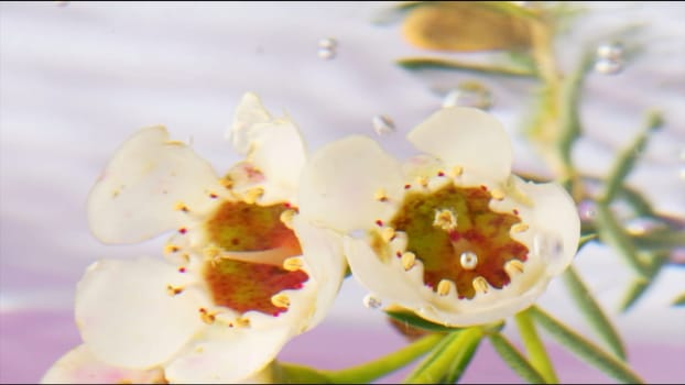 White flowers in clear water with bubbles. Stock footage. Delicate flowers in water for perfume advertising. Refreshing bubbles in water with flowers.