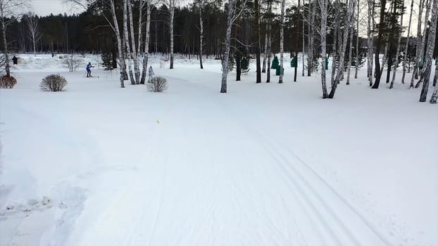 Ski race on track in winter. Footage. Top view of competing professional skiers in colorful costumes riding on track. Winter cross-country skiing competitions.