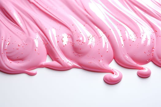 Pink confectionery glaze flows down on a white background.