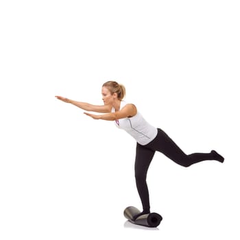 Woman, exercise and mat in studio for balance, pilates or workout for healthy body, wellness or fitness. Person, face and yoga in sportswear for physical activity on mock up space or white background.