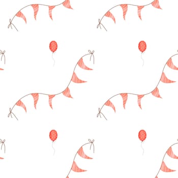 Watercolor seamless pattern with a garland of flags and balloons in red. Cute pattern for printing on textiles, wrapping paper and birthday accessories.