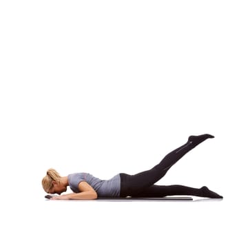 Woman, fitness and mat in studio for plank, pilates or workout for healthy body, wellness and core muscle. Person, exercise and yoga on floor for abdomen health on mockup space and white background.
