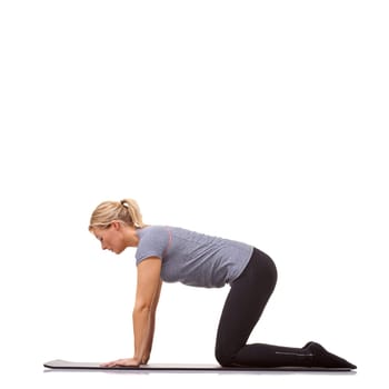 Woman, fitness or mat in studio for cow stretch, pilates or workout for healthy body, wellness or core muscle. Person, exercise or yoga on floor for abdomen health on mockup space or white background.