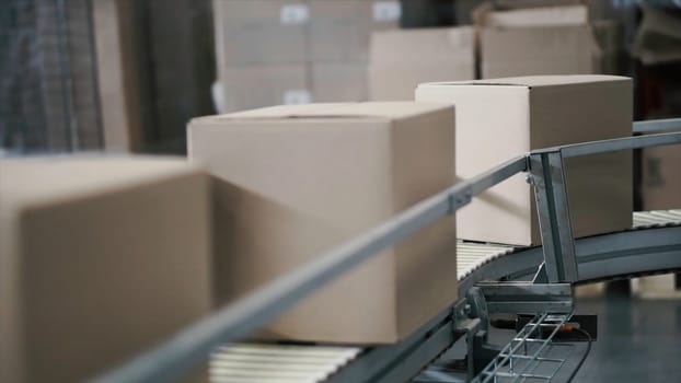 Cardboard boxes on conveyor belt in factory. Clip. Production line on which the boxes move.