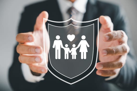 In the realm of security, Businessman protective gesture represents family well-being, including life, health, and house insurance. Icons emphasize family life insurance and policy concepts.
