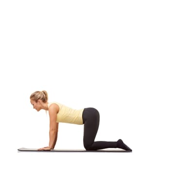 Woman, fitness and mat in studio for stretching, pilates or workout for healthy body, wellness or core muscle. Person, exercise or yoga on floor for abdomen health on mockup space or white background.
