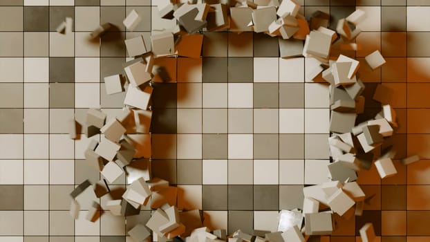 3D background with squares and wave rings. Design. Squares move in space with 3D distortion. Ring 3d waves of destroyed squares with background.