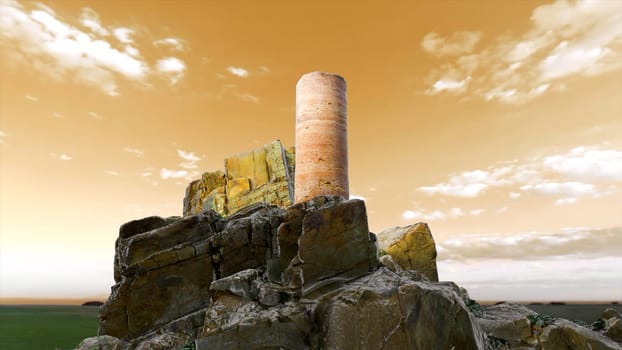 Huge blockages of voluminous stones against a background of blue and orange sky. Motion.Cartoon animation with fragments from a mountain lying on green grass against a bright sky. High quality 4k footage