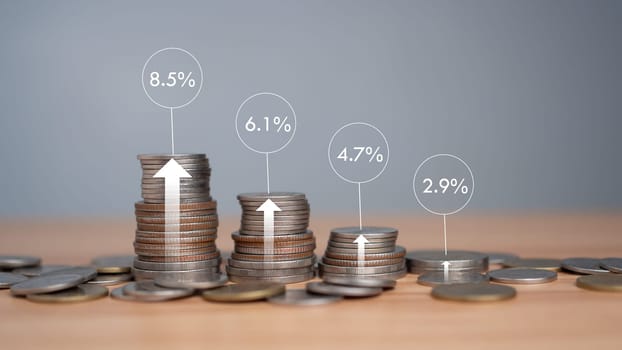 Stacking coins different height with percentage for interest rates from different investment, Investor, trader, investment, fund, stock market, Financial profit return and dividend concept.