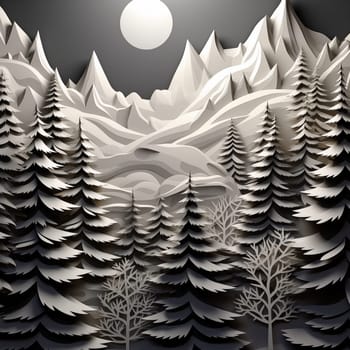 Monochrome image of snow-capped mountains, coniferous forest at night. High quality photo