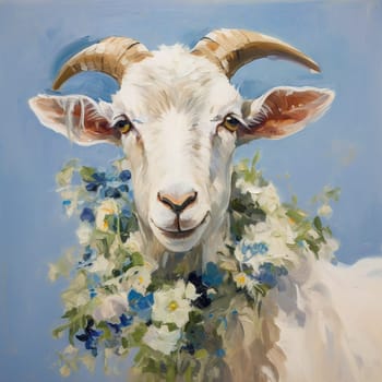Portrait of a goat in meadow flowers. High quality illustration