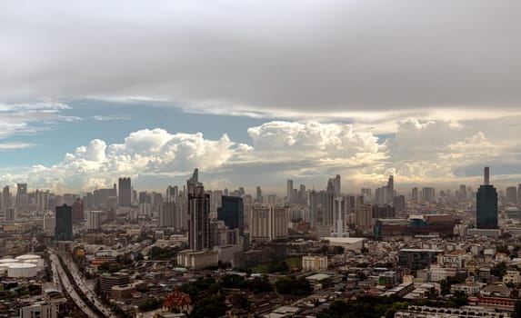 Bangkok, Thailand - Aug 01, 2022 - Gorgeous scenic of The skyscrapers with beautiful clouds on the sky at bangkok city. Modern architectural buildings, Nice city view, Space for text, Selective focus.