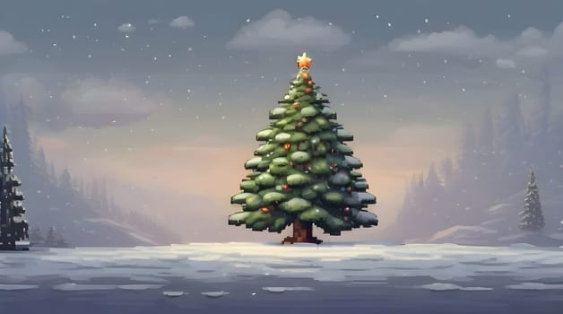 christmas fir tree in snowfalls,16-bit pixel art.