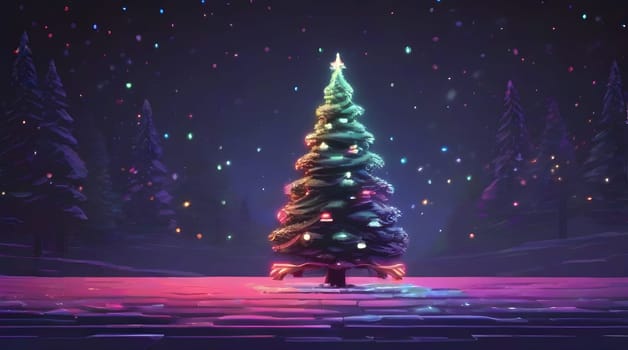 christmas fir tree in snowfalls,32-bit pixel neon art
