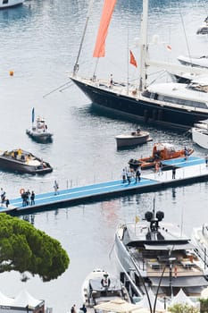 Monaco, Monte Carlo, 27 September 2022 - a lot of luxury yachts at the famous motorboat exhibition in the principality, the most expensive boats for the richest people around the world, yacht brokers. High quality photo