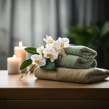 Towels with herbal bags in spa center. Generative AI.