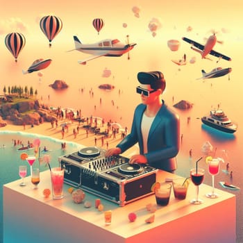 young deejay, wear glasses earphone hosting dj set at crowded beach party tropical island isometric ai generative ai art