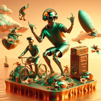 steampunk skater fashionable cool metallic deejay alien mariachi hosting party in tropical island generative ai art