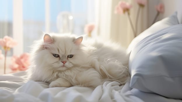 A charming white fluffy cat lies on the white bed at home, at morning, in daylight,