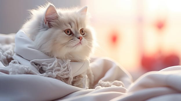 A charming white fluffy cat lies on the bed at home, in daylight, close-up, looking to the side.