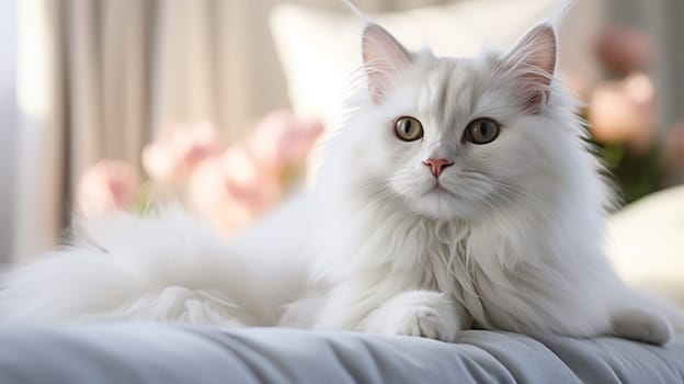 A beautiful white fluffy cat lies on the , bed at home, at morning, in daylight, look at camera