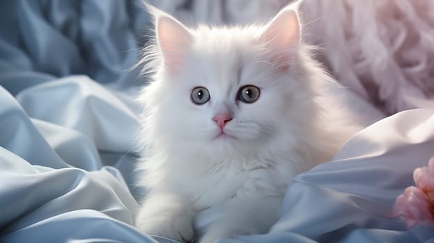 A cute white fluffy long-haired kitten lies on the , bed at home, at morning, in daylight, looking at side